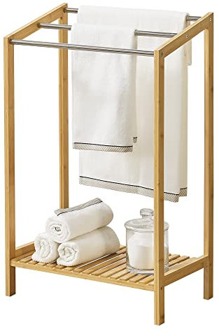 [en.casa] Porte-Serviettes sur Pied Meuble de Salle de Bain avec 3 Barres et Étagère Intégrée Bambou Acier Inoxydable 51 x 31 x 85 cm Naturel