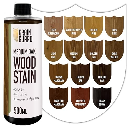 GRAIN GUARD Medium Oak Wood Stain 500ml – Water Based Wood Stain for Furniture, Doors & Cabinets – Interior Wood Dye, Low Odour, Eco Friendly, Non Toxic, Quick Dry, Easy Application