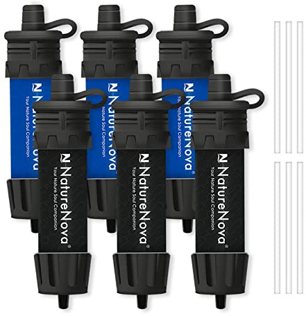 Mini Water Filter NatureNova Portable Emergency Water Filtration System Hiking Camping Straw Survival Gear Emergency Preparedness（Blue/Black, 6 Pack