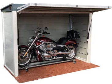 KMMOTO Garage für EIN GMP 3 Motorrad aus Metall mit Doppeltür und Schloss, Wasserfest, Gartenstil, Stahlrahmen und -boden, 2.5 kg, 2800 mm breit, 1240 mm tief, 1785 mm hoch, Motorradgarage