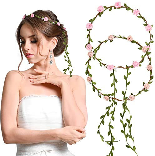BETESSIN 2Pcs Blumenkranz Haare Blumenkrone Damen Mädchen Boho Blumen Haarband Braut Rosen Haarreif Stirnband mit Blättern Hochzeit Party Kommunion Geburtstag Kopfschmuck Fleischrosa Rosa
