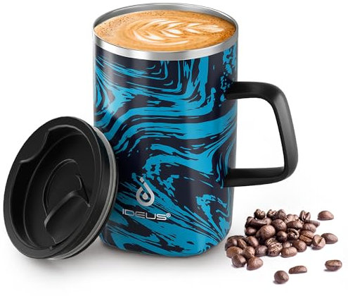 Ideus® Kaffeebecher 470 ml (16 oz), doppelwandige vakuumisolierte Kaffee- und Teetasse aus Edelstahl mit rutschfestem Griff und Schiebemoduldeckel und großem Volumen (Blau Zebra)