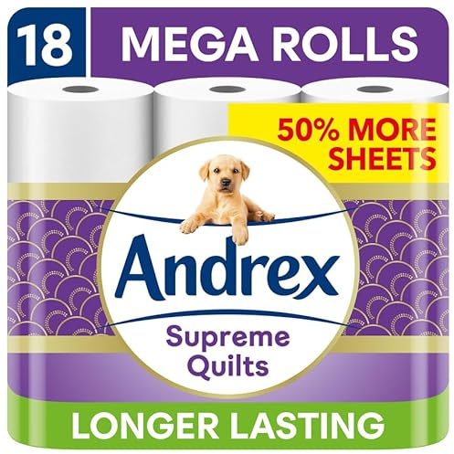 Andrex Supreme Quilts Mega Toilet Roll - 18 Mega Rolls (27 Standard Toilet Rolls), 3-ply, 25% Thicker Paper than Before to Provide Ultimate Quilted Comfort