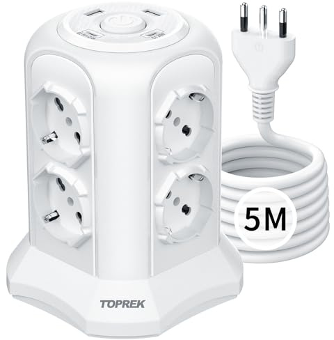 TOPREK Vertikale Steckdosenleiste mit 8 universellen ITA 10/16A- und Schuko-Steckdosen und 2 USB C und 2 USB A (USB-C1 20 W PD3.0 Schnellladung), 5 m Kabel, 4000 W/16 A, 16 A-Stecker, Weiß | 2 Typ C (20 W PD3.0 Schnellladung) und 2 Typ A und 8 Universal ITA 10/16 A und Schuko, Mehrfachsteckdose, 4000 W/16 A, Weiß