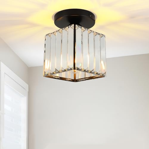 FORCOSO Ceiling Lights, Semi Flush K9 Crystal Chandelier Lamp with Metal Lampshade, E27 Black Ceiling Lighting, Modern Light Fittings for Kitchen Hallway Living Room Bedroom Hall Home Decoration