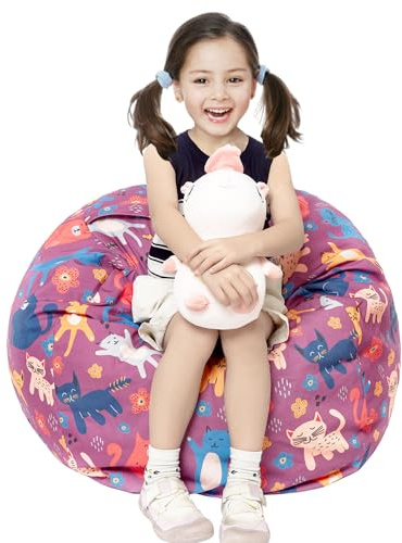 Round Bean Bag Cover Only without Filling, Large Stuffed Animal Bean Bag Storage, Bean Bag Chair Cover, Beanbag Covers with no Filling for Kids and Teens (Cat, Large)