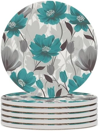 Untersetzer mit Blumenmuster für Getränke, saugfähig, Keramik, rund, mit Korkboden, Tischschutz, Keramiktassen-Untersetzer für Tassen, Büro, Küche, Blaugrün, Grau und Weiß, 6 Stück