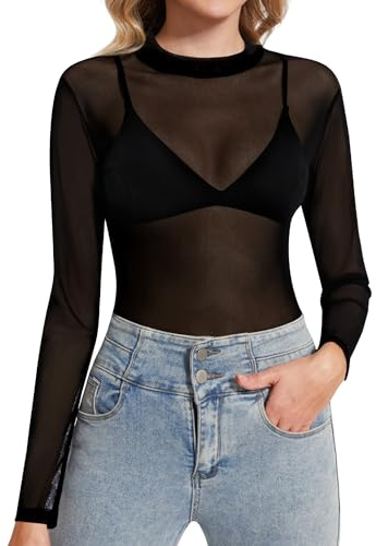 Kiiwah Maglietta Donna Trasparente Camicette Manica Lunga Maglie in Rete Maglia Elegante Nero Camicia Mesh Top Sexy Tunica Bluse Clubwear T-Shirt in Tulle-V Collare