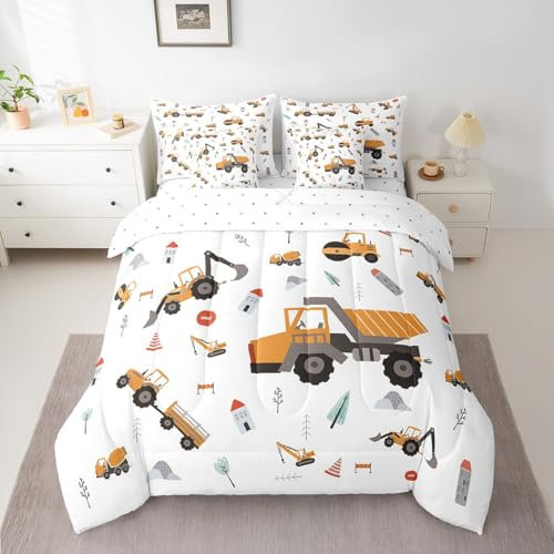 Feelyou Bagger-Bettwäsche-Set, 7-teilig, Doppelbettgröße, Baufahrzeuge, Bettdecken-Set für Kinder, Teenager, Erwachsene, Cartoon-Auto-Bett-Set, Traktorbett in einer Tasche, weiß, Bettdecke + Laken +