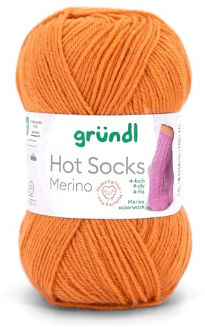 Gründl Hot Socks Merino, Sockenwolle mit Merinowolle, Strumpfwolle 4-fädig 50g / 200m, Sockengarn 4fädig uni einfarbig (26 kürbis)