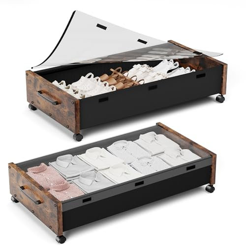 Unterbettkommode mit Rollen, rollende Unterbettkommode aus Holz, mit abnehmbarem Deckel, große Metall-Aufbewahrungsbehälter für Schuhe, Decken, Kleidung, Schlafzimmer, Schlafsäle (Vintage-Braun