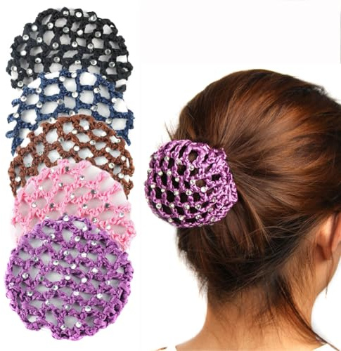 Haarnetz für Damen, Haarnetz mit Perlen, Dekoration, Häkelhaarnetz, lange Haarabdeckung, dehnbar, elastisch, Styling-Werkzeug, Zubehör für Tänzer, Skater, Bankangestellte, Büro, Pro, 6 Stück