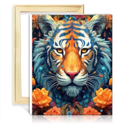 TANGFEIY Ölgemälde „Tiger Ornamental Portrait“, DIY Anfänger Acrylfarbe nach Zahlen mit Pinseln und Acrylpigment auf Leinwand, Zahlenmalerei-Kunst mit Rahmen (30 x 40 cm)