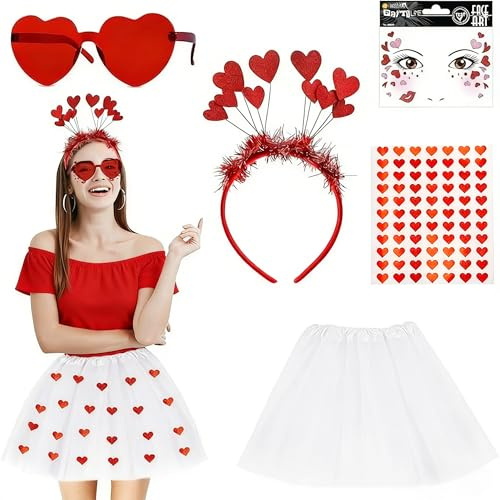 YYSWSAKY 5 Stück Amor Kostüm Accessoires Set, Herzbrille, Herz Gesichtstattoo, Herz Haarreif, Sticker, Weiß Tüllrock, Cupid Kostüm Damen für Halloween Valentinstag Karneval Carnival Fasching Cosplay