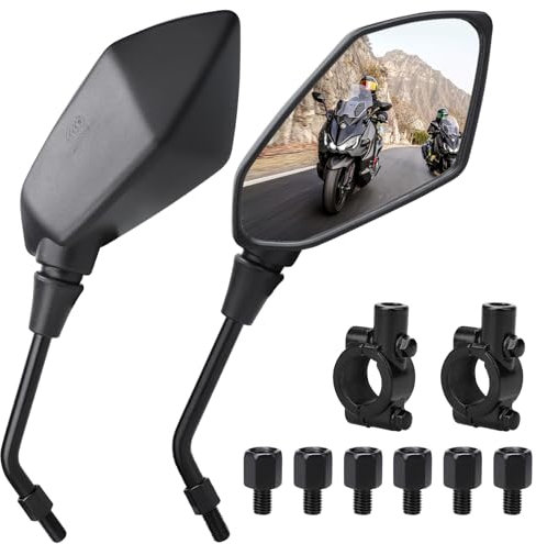 Motorcycle Mirrors Set, Mobility Scooter Mirrors, Universal Motorbike Mirrors with 22mm Handlebar Clamps, M8 M10 Threaded Bolts for ATV/Scooter/Cruiser/Bike