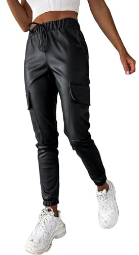 Lederhose Damen Schwarz Cargohose, Kunstlederhose Damen 7/8 Lang Cargo Lederimitat Hose Stretch Lederoptik Sport Jogginghose PU Leder Hosen High Waist Leggings mit Taschen Lederhosen