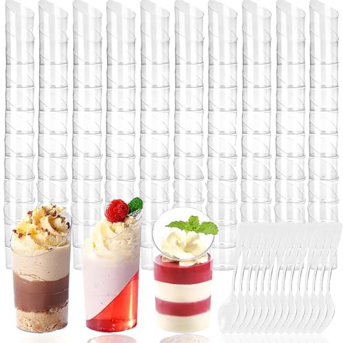 Mini-Dessertbecher mit Löffeln, abgewinkelt, 65 ml, Schokolade, Dessert, Vorspeisen, Pudding, Kuchen, schräge runde Tassen, wiederverwendbar, transparent, gefrorene Kuchen, Vorspeisen, Becher für
