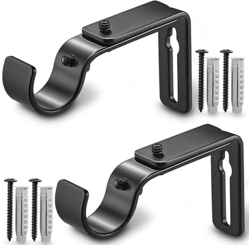 LLPJS Curtain Rod Bracket Adjustable, Drapery Rod Holder Hooks Support Hangers for 1 inch Diameter Window Curtain Rods (Black, 2-Pack)