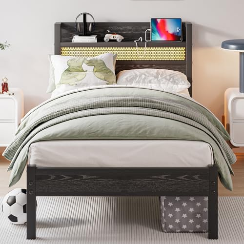 JUISSANO Twin Size Bed Frame with Charging Station and LED Lights,Black Metal Twin Bed Frame with Headboard Storage Shelf,Single Bed Frames with Under Bed Storage,No Box Spring Needed,Easy Assembly
