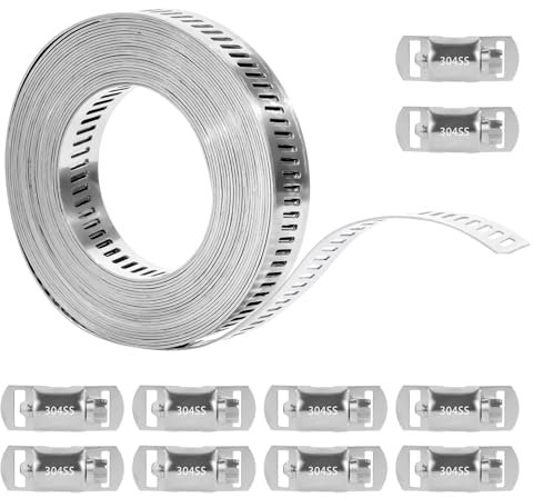 4m Collier de Serrage Inox, Bande Perforée en Métal Réglable, Colliers de Serrage en Acier Inoxydable 304 pour Tuyaux Conduites Eau Gaz Machine à Laver Jardin avec 10 Fixations