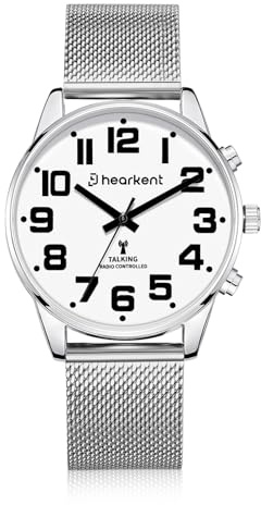 Hearkent Men's Atomic Talking Watch,English Announce,Large Number&Dial,Time Self Setting,Built-in Alarm/Hourly Chime for Elderly/Blind/Visually Imparied - 2309M(Silver)