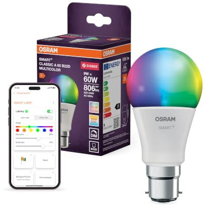 Osram SMART LED A60 Kolbenform B22D 9W ZigBee RGBW Farben | SMART+ ZIGBEE Multicolor Classic, LED Lamps, Weiß, 60 mm dia, 20000 h, 1-Pack