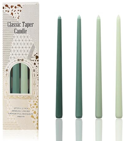 4 Pack Green Taper Candles, 12 Longer Candle Sticks, Smokeless, Dripless, Unscented, 9 Hours Long Lasting, Ideal for Christmas Dinner Candles, for Table Dinner Wedding Christmas Home Decor