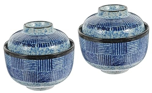 Alipis 2 juegos Tazón Japonés de Cerámica con Tapa y Cuchara Cuenco para Sopa y Ramen Resistente y Decorativo para Comida Caliente y Fría