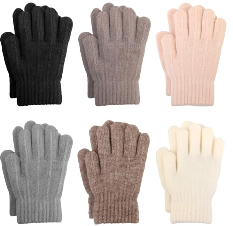 QKURT 6 Pairs Kids Winter Knitted Gloves, Magic Full Finger Stretchy Warm Gloves for Boys & Girls, Unisex, Ages 6-10 Years