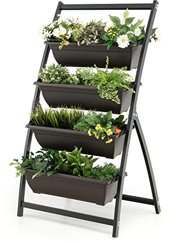 COSTWAY Jardinière Verticale à 4 Niveaux 4 Bacs de Plantation, Lit de Jardin Autoportante Cadre Métallique avec Trous de Drainage, pour Légumes Fleurs pour Intérieur/Extérieur (66 x 50,5 x 124 cm)