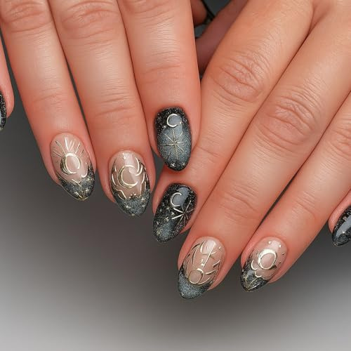 30Pcs Press on Nails with Mystic Moon & Star Design - Black Glitter and Nude False Nails with Golden Accents Almond Short French Tip Stick on for Women Girls Art