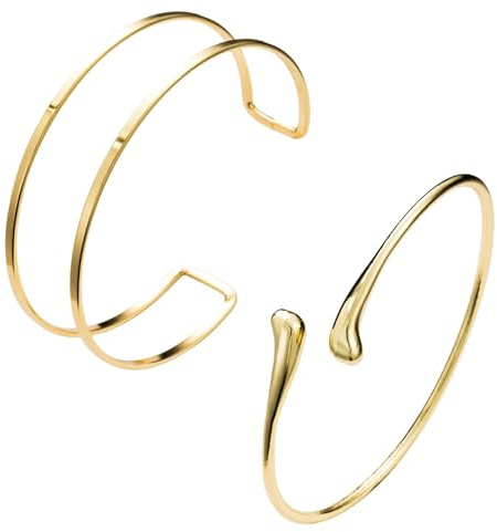 2 Piezas Brazalete Dorado Mujer Abierto 14k, Pulsera Dorada Ajustable para Brazo Superior y Muñeca, Pulseras Doradas Modernas Minimalistas,Pulsera de Oro Mujer Joyería Elegante Acero Inoxidable Regalo