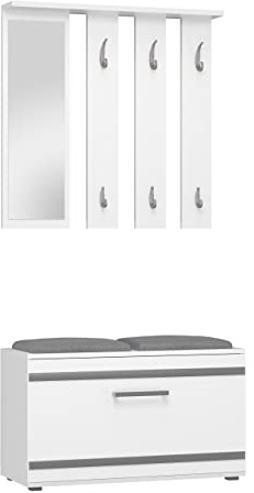 CDF Garderoben Set Wandgarderobe Mit Spiegel Schuhschrank Sitzbank 6 Haken 4 Fächer Für Schmale Flur Diele Weiß 85 x 35 x 180 cm Komplettset mit Spiegel und Sitzbank