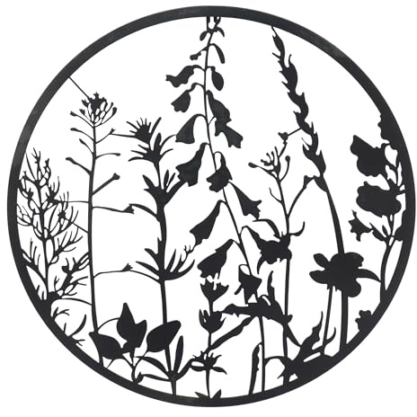 UNUS Metall-Aufhänger Pflanzenmotiv rund Ø 60 cm in Schwarz dekorative Wanddeko für innen und außen