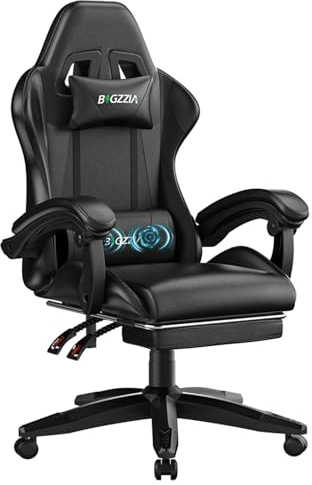 Bigzzia Gaming Stuhl mit Massagefunktion, Ergonomisch Gaming Chair Schwarz | Gaming Sessel mit Fußstütze, verstellbare Rückenlehne 90-135°, PC-Stuhl Massage-Lendenkissen für Erwachsene, Mädchen&Jungen