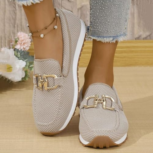 Women's Loafers with Arch Support Casual Slip-On Orthopedic Leather Wedge Loafer Comfortable Slip On Loafer Sneakers with Chain Non-Slip Walking Boat Shoes Fashion Retro Loafer