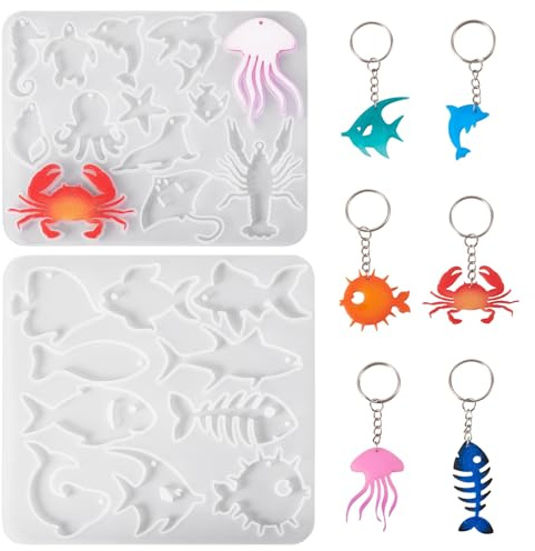 Bestewelry Lot de 2 moules en silicone 3D sur le thème de l'océan, animaux de l'océan, moules en résine époxy, crabe, poisson pour la fabrication de bijoux sur le thème de l'été