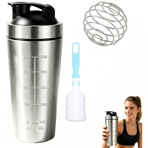 Calenxy Protein Shaker Flasche Aus Edelstahl, 750 ML Shaker Proteinshake Mit Einwandiger Draht-Schneebesenkugel und Tassenbürste, Sport-Wasserflasche, Fitness- und Radfahrer-Geschenk