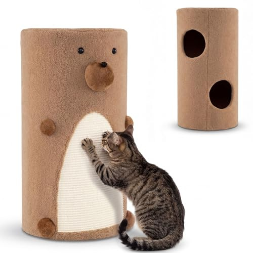 GOPLUS Casa para Gatos de 2 Niveles, Barril Rascador para Gatitos con 2 Cuevas de Escondite, Alfombra Rascadora de Sisal, Entradas y Agujero, Torre para Gatos en Forma de Osos para Interior