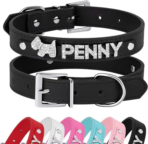 Didog Benutzerdefinierte Hundehalsbänder aus glattem PU-Leder mit Strasssteinen, personalisierbar, für kleine und mittelgroße Hunde, schwarz, S