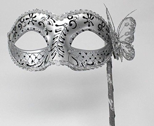 DAMER SPARKLANDE SVART & SILVER VENETIANSK MASQUERAD CARNIVAL PARTY EYE HANDMASK PÅ EN STICKA MED DIAMONTER
