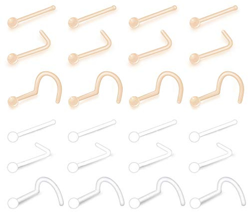 LAURITAMI 24stk Klare Nasenpiercing Nasenstecker Retainer Hautfarben 0.8 mm 7mm Bioflex Flexible Knochen Spirale L-Form Schmuck