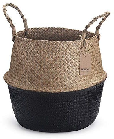 DOKOT Seegras Korb Blumentopf Naturkorb Gewebt Wäschekorb Mit Griff für Pflanze Spielzeug Aufbewahrung (Schwarz)