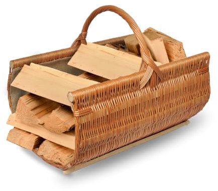 Handgefertigter Kaminholzkorb Oval aus Honigbrauner Weide mit Juteeinsatz - Größe 60 x 40 x 30/49 cm