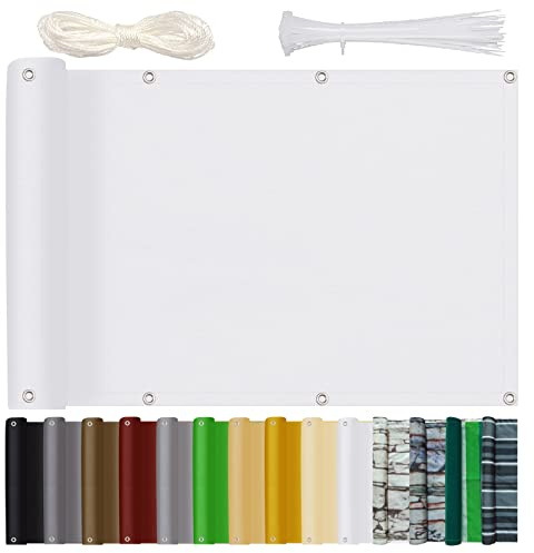 Bluecool Sichtschutz Balkon Balkonsichtschutz 150x150cm Blickdichte Wind- Und Uv-Schutz Wetterfest Balkonumspannung mit Ösen Nylon Kabelbinder und Seil für Balkongeländer & Garten, Weiß