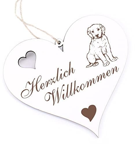 Herzlich Willkommen Schild - Labrador Retriever Welpe - Deko Herz Holz Willkommensschild Türschild Dekoschild Türdeko
