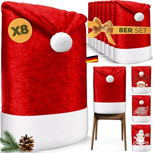 KESSER® Premium Weihnachtsstuhlüberzug 8er Set Stuhlhussen für Weihnachten Nikolausmütze Stuhlbezug Husse Weihnachtsdeko für Stühle Überzieher - Stuhlabdeckung im weihnachtlichen Design