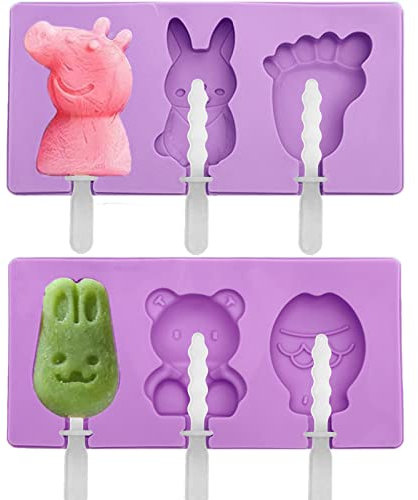 KEELYY Moldes de Helado, 2 Pack Molde de Helado de Silicona 3 Cavidades con 6 Palos Reutilizable, Juego de Moldes para Polos, DIY Popsicle Mold Sin BPA, para Helados DIY Chocolate Postre congelado