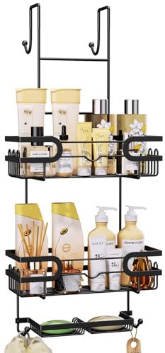 SWTYMIKI Shower Caddy Hanging - 3 Tier Over Door Shower Shelf With 16 Hooks and 2 Soap Dish, Rustproof Hanging Shower Organiser, Bathroom Storage Rack No Drill for Shampoo and Razor Soap, Black