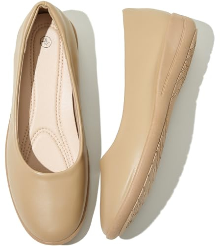 Nude Women's Comfortable Black Leather Dress Ballerina Round Toe Work Flats for Office (us6)